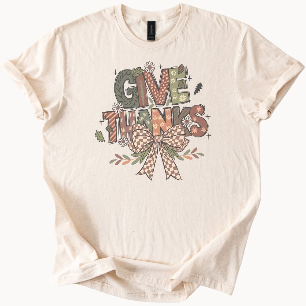 Give Thanks Fall T Shirt Cute Thanksgiving Shirt Autumn Florals Graphic Bow Tee